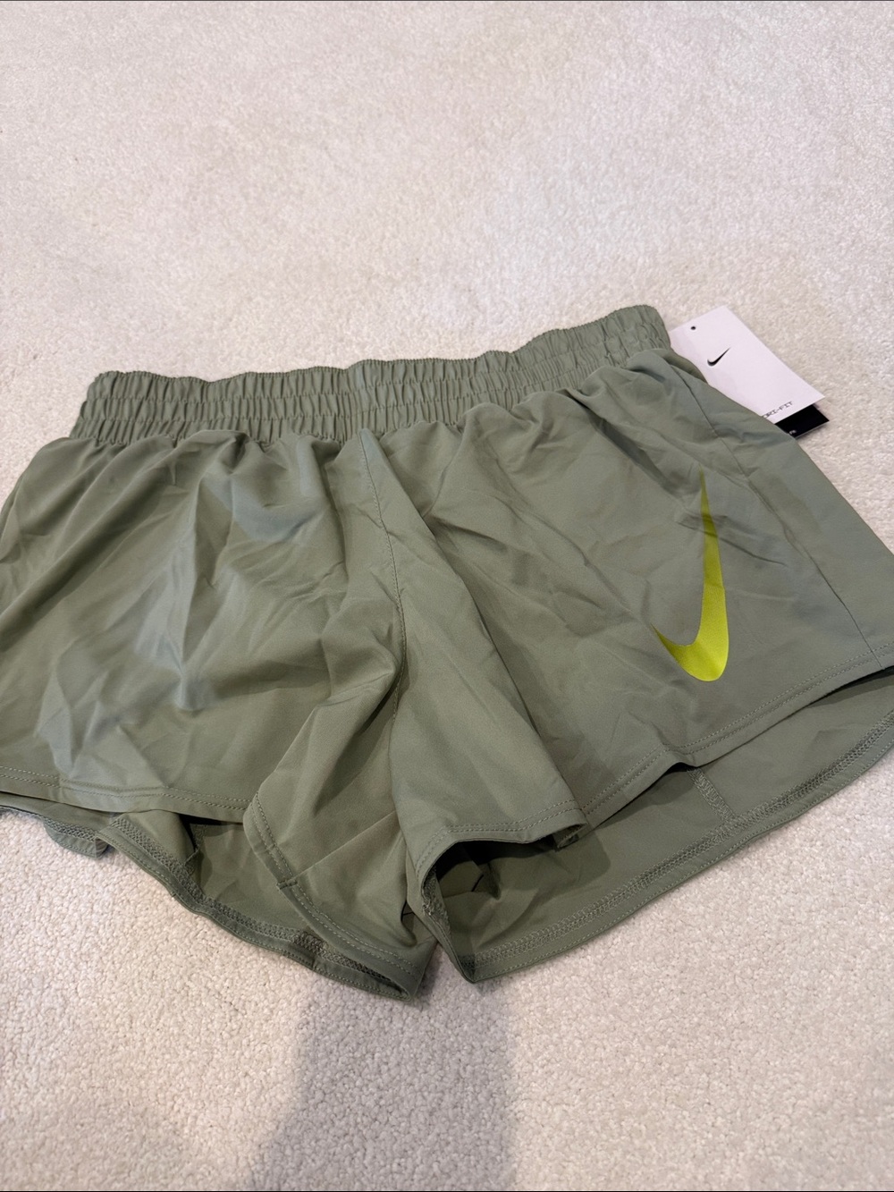 Nike Women's Olive Athletic Shorts with Lime Swoosh
